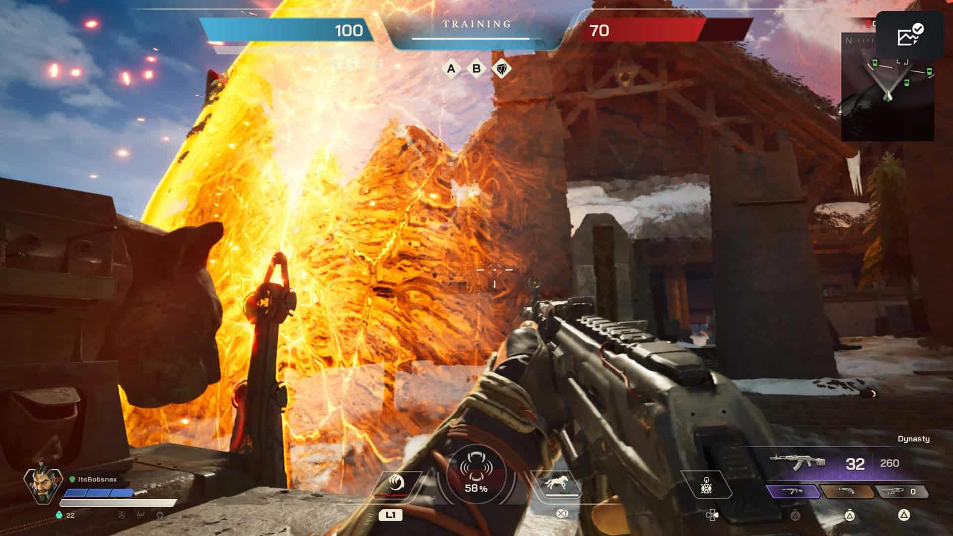 Highguard training screenshot showing a breaching machine putting cracks in an orange energy shield