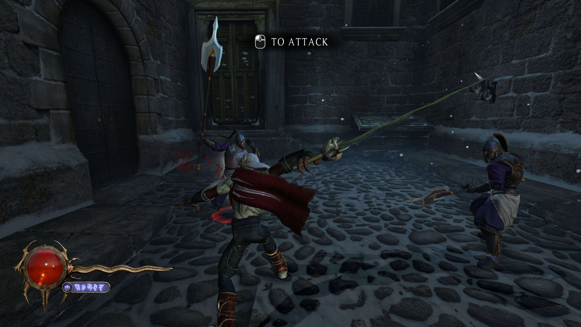 Kain, attacking two human vampire hunters with the physical Soul Reaver