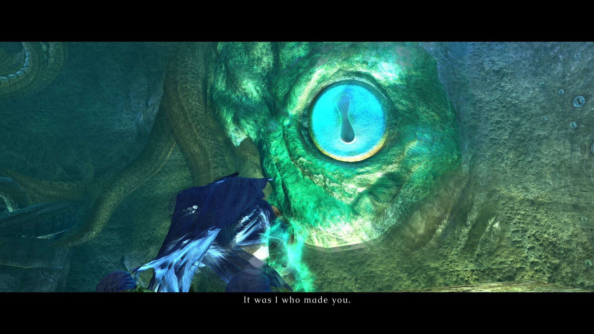 Raizel, kneeling before The Elder God, who taunts him.