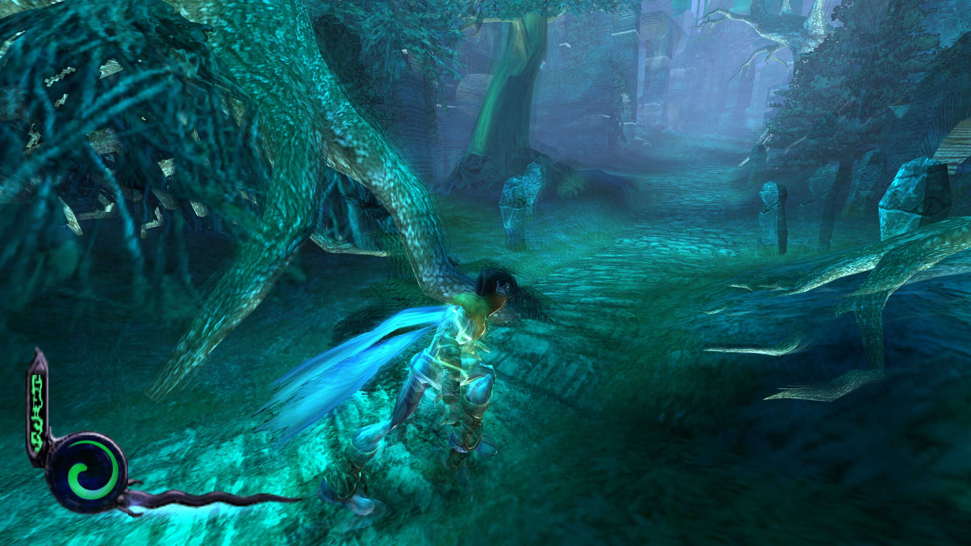 Raziel exploring a cemetary in the spirtual realm, with the game's original graphics shown