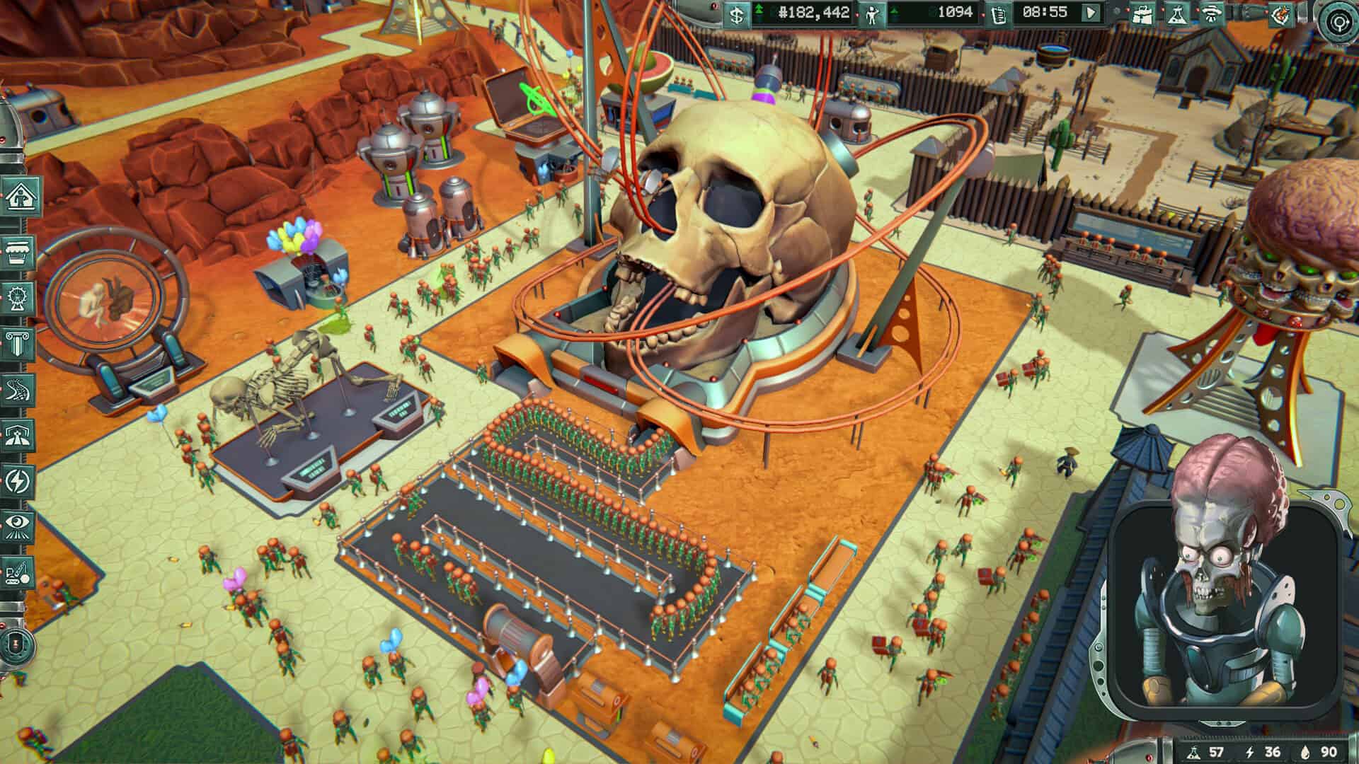 A Mars based theme park with a giant skull roller coaster.