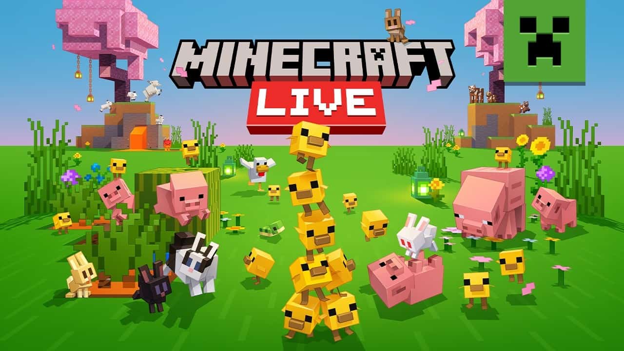 Minecraft LIVE poster showing a green pasture with a variety of Minecraft animals.