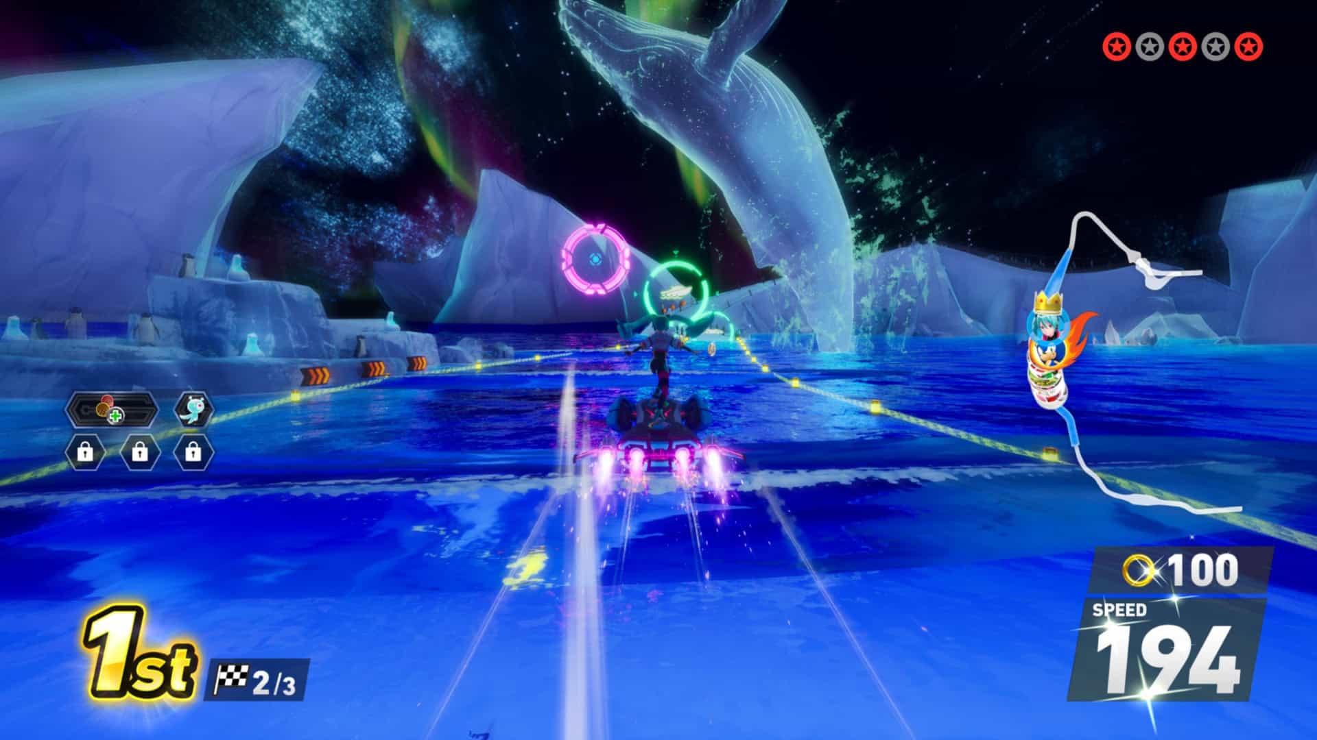 Sonic Racing: CrossWorlds Miku in first place.