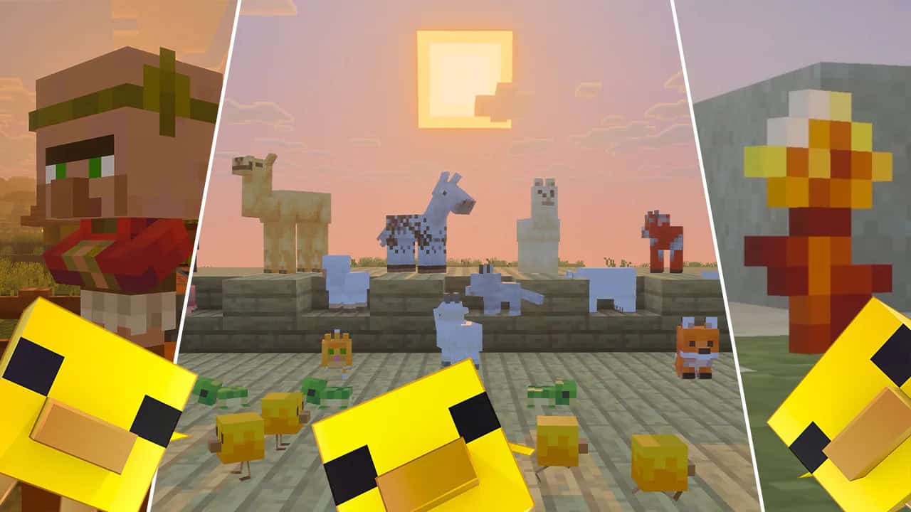 Image of the new baby mobs, including various animals like foxes, chickens, horses, llamas, wolves, sheep, bears, mushroom cows, turtles and camels