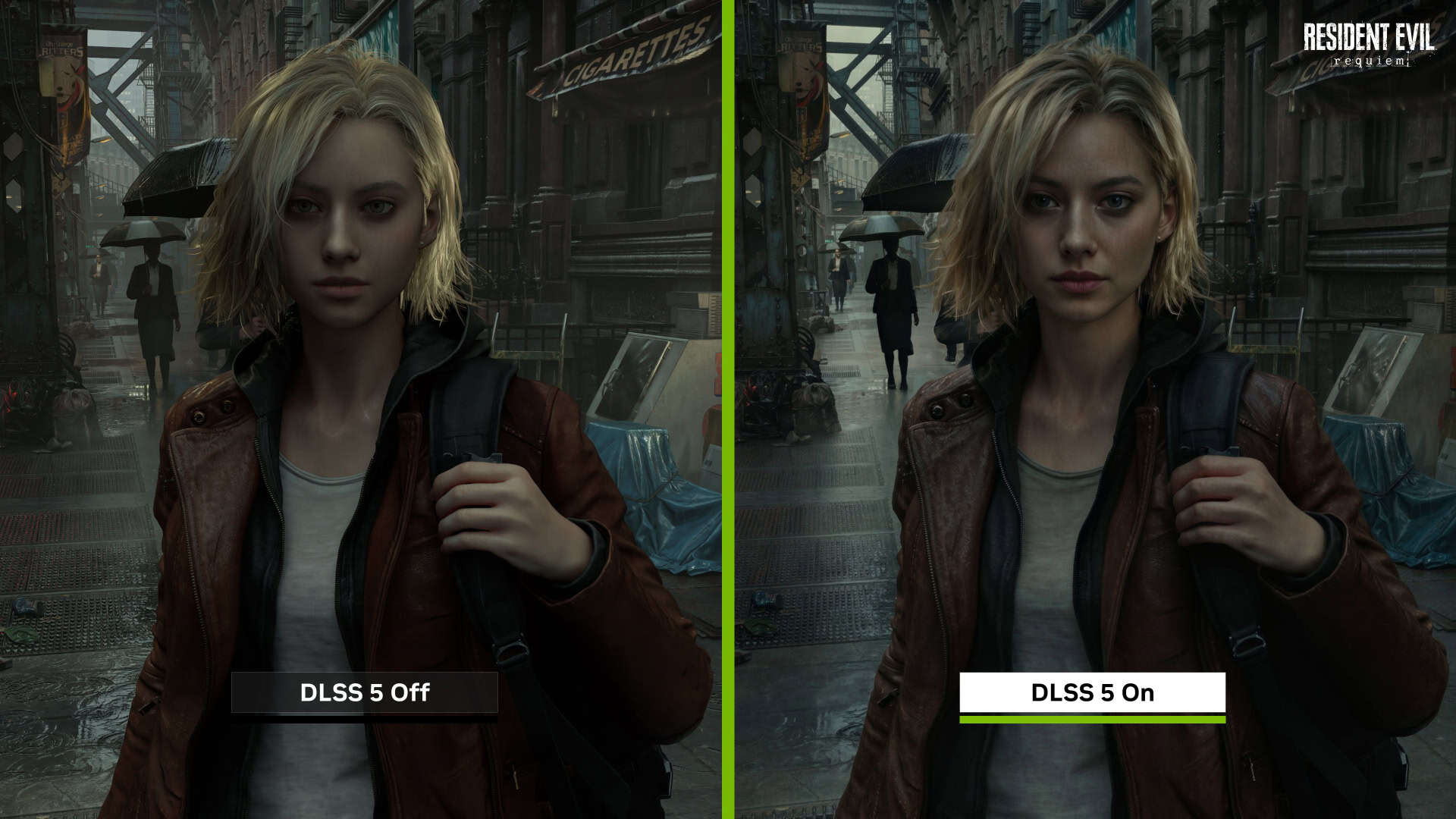 Image of DLSS 5 on and off showing Grace Ashcroft from Resident Evil Requiem
