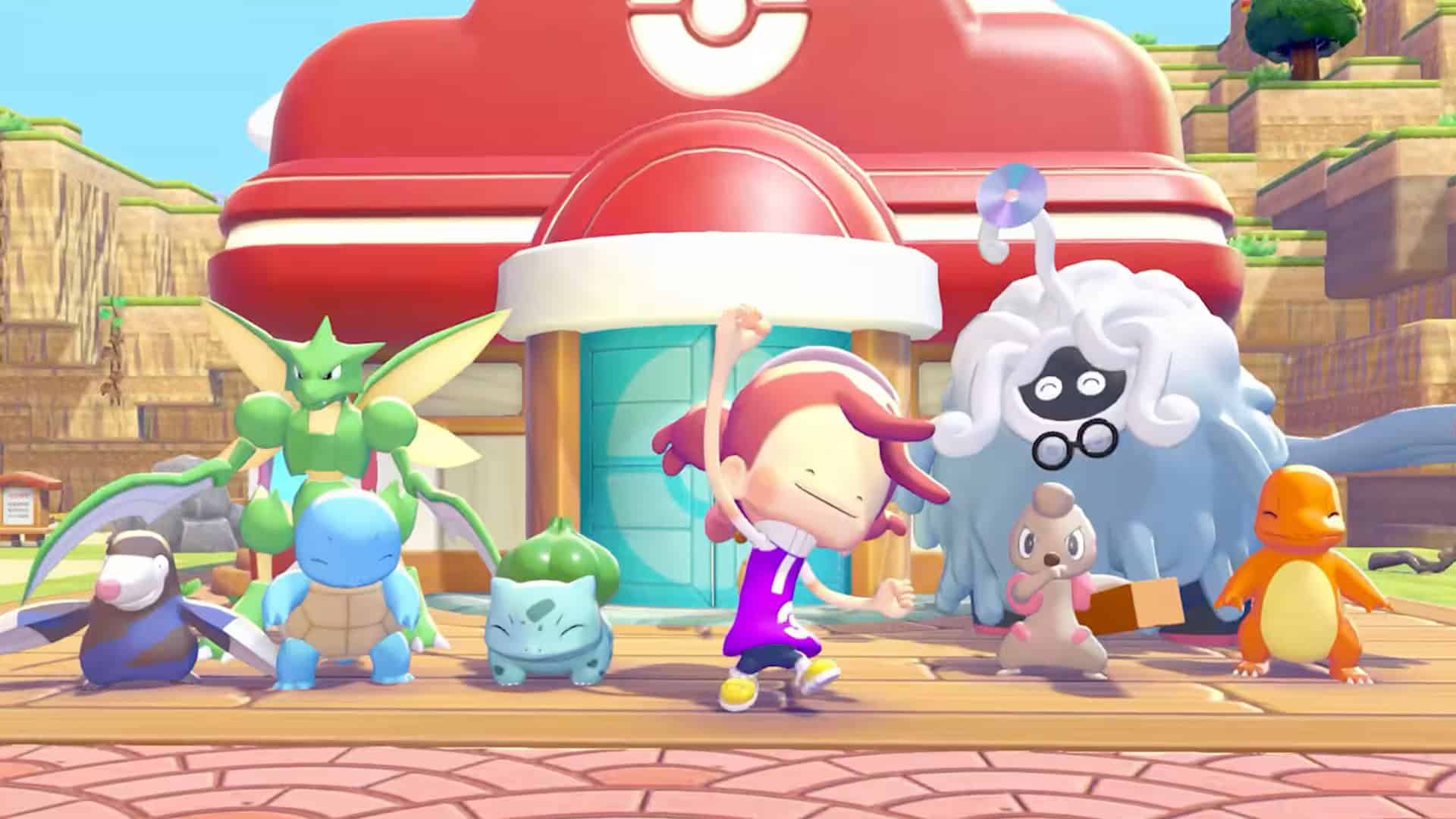 Pokemon Pokopia screenshot with Ditto cheering in front of a Pokémon Center and surrounded by smiling Pokémon