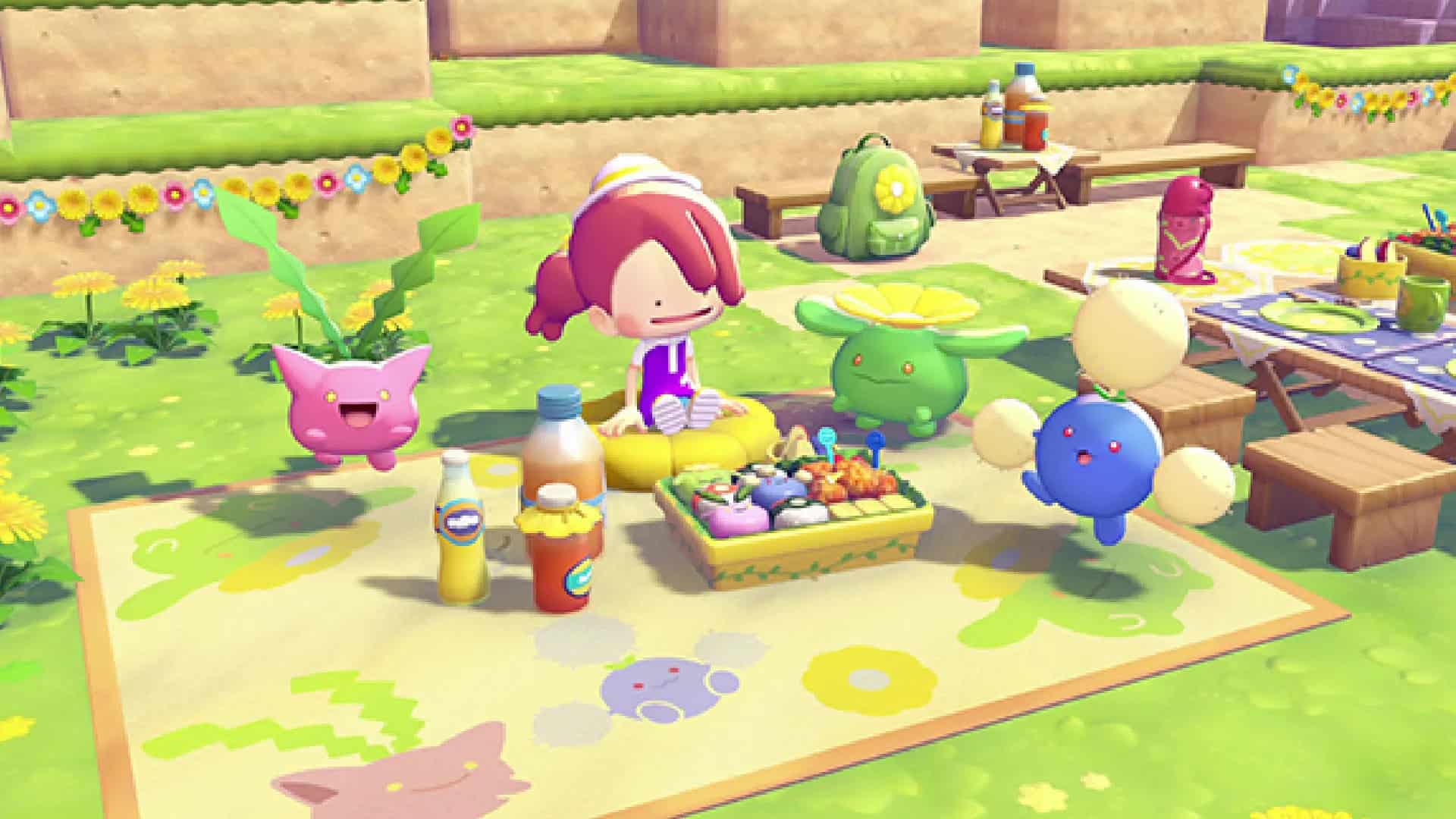 Pokemon Pokopia Hoppip Event promotional screenshot showing the player surrounded a picnic by Hoppip, Jumpluff and Skiploom.