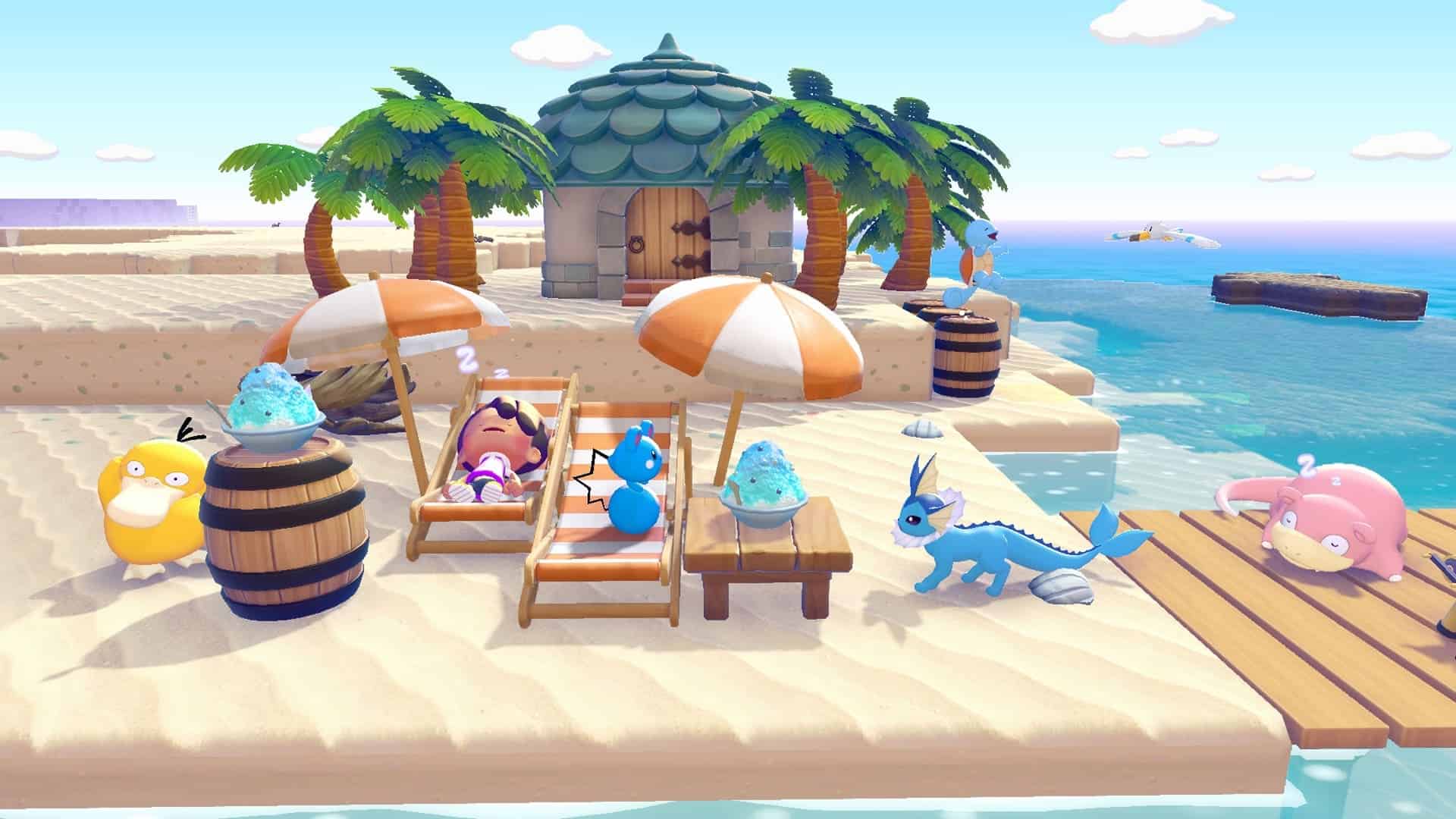 Pokemon Pokopia beach screenshot showing the player sleeping on a lounge chair, surrounded by pokemon on the sand