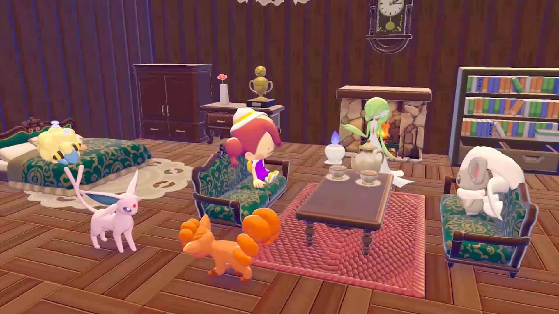 Pokemon Pokopia tea party screenshot with Gardevoir, Litwick and human Ditto sat around a table with tea