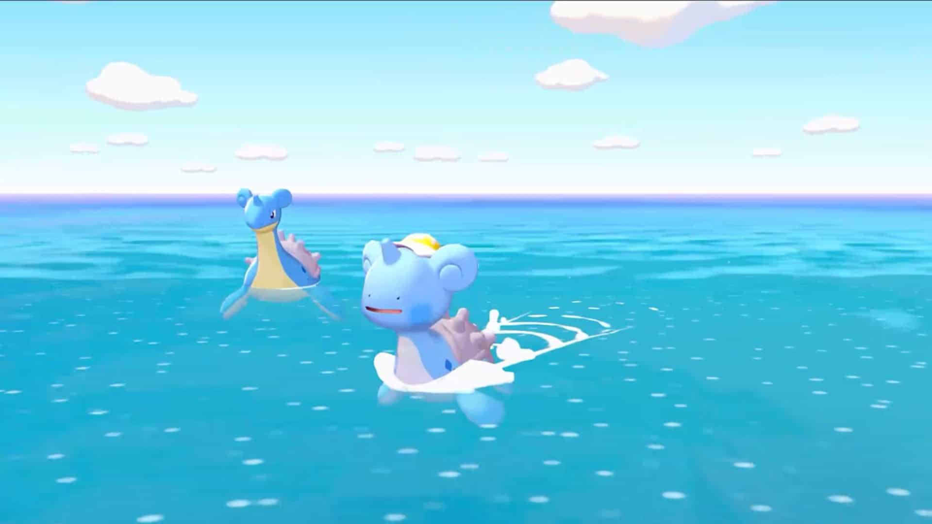 The Pokemon Ditto transformed into a water type Pokemon, Lapras, and surfing on the ocean. 