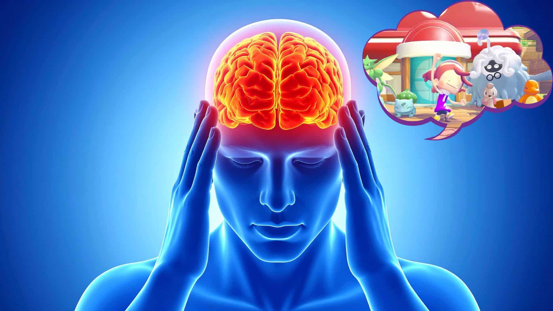 A CGI rendered person with their hands on their head and their brain highlighted in a bright red, representing high stress. Next to them, a thought bubble with characters from Pokemon: Pokopia.