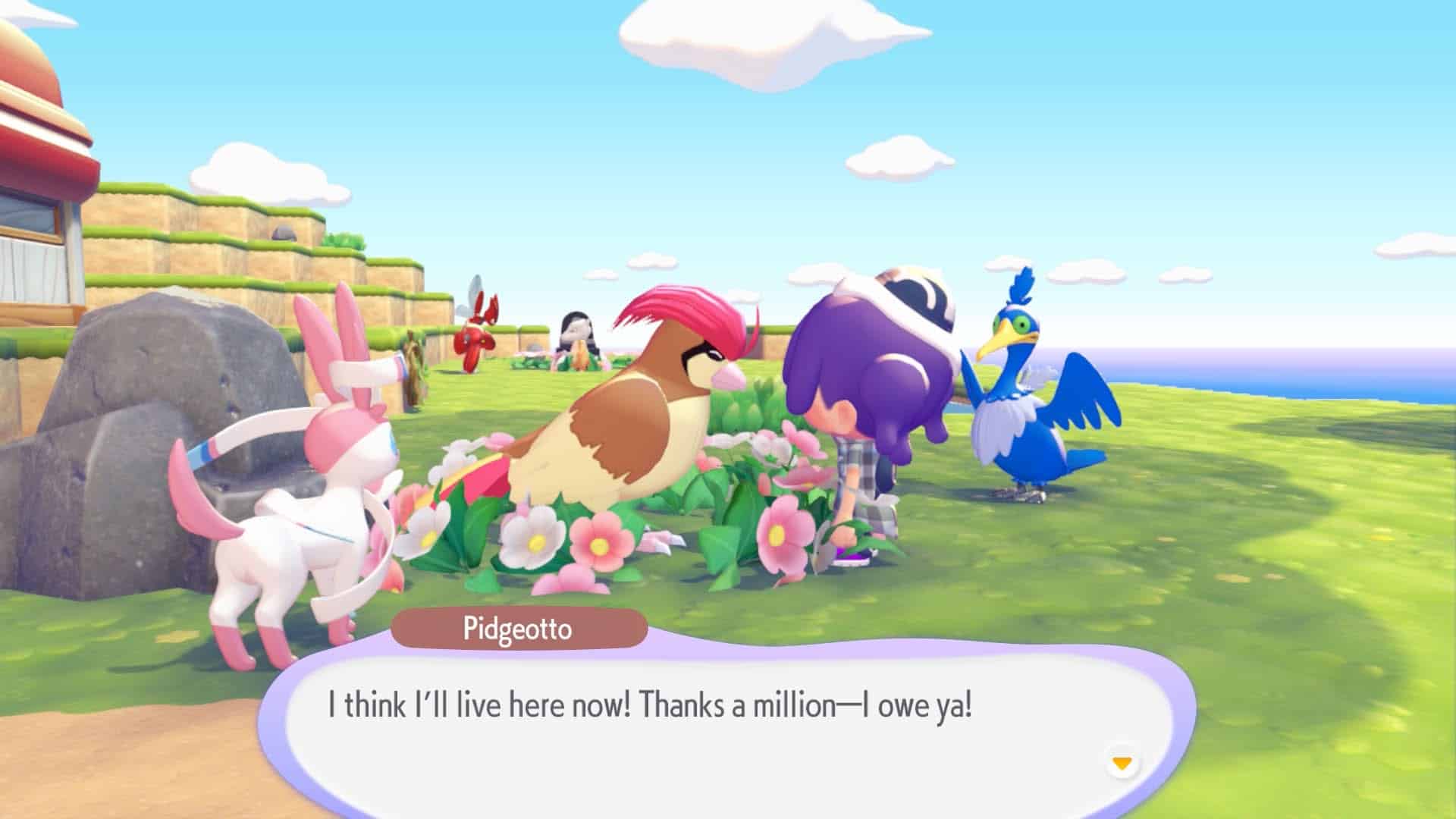 The playable character in Pokopia, a transformed Ditto, sleeping on a hay pile in an ambient scene in Pokemon: Pokopia. 