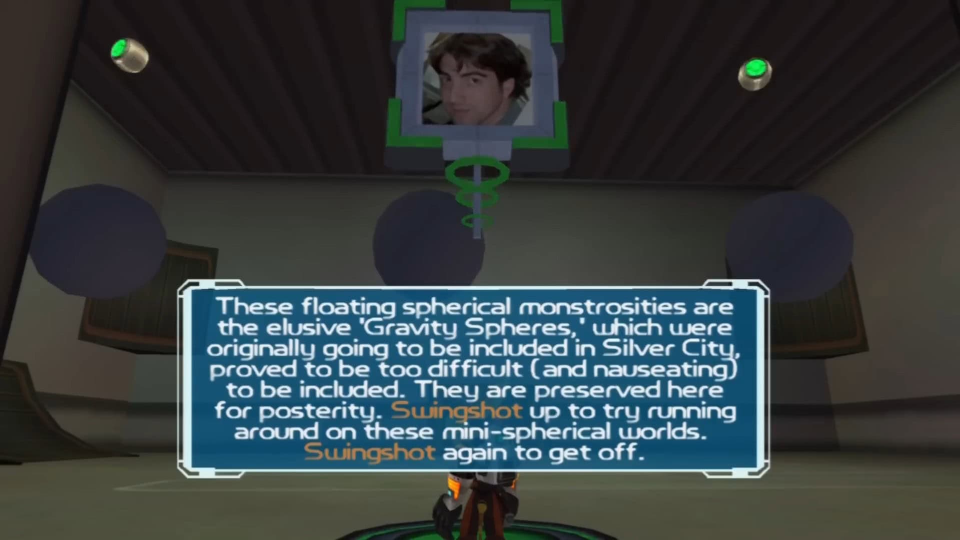 Floating spheres in Ratchet & Clank: Going Commando HD, the text describes how they were meant to be in the game but didn't make the cut.