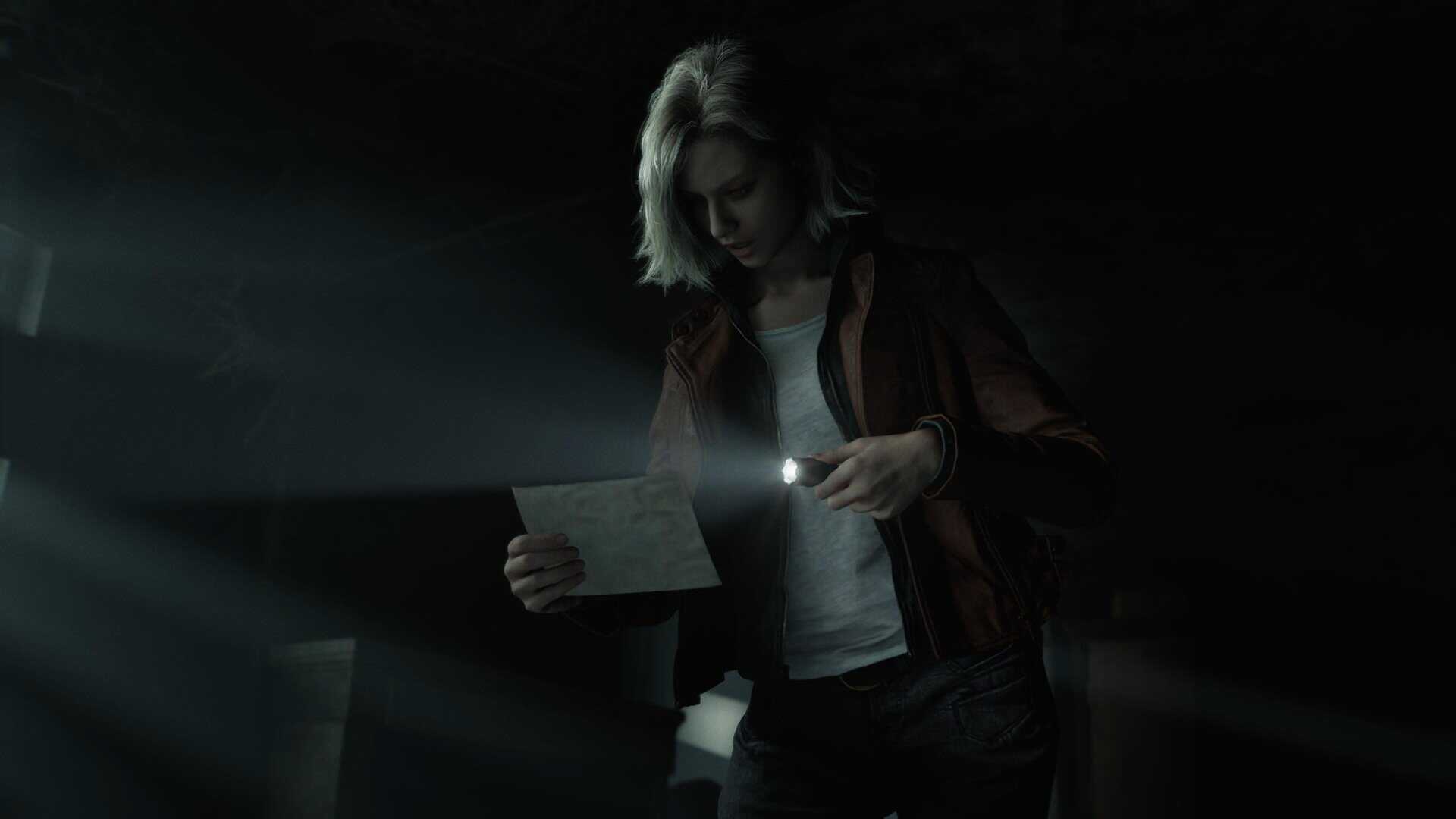 A screenshot of Grace Ashcroft looking at files in Resident Evil Requiem