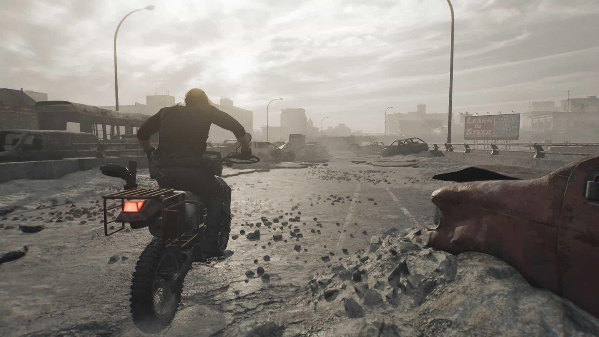 A screenshot of Leon riding a motorbike in Resident Evil Requiem.