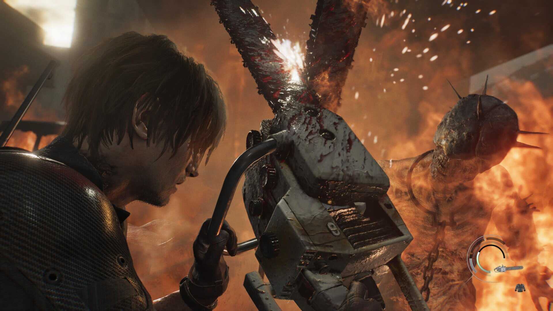 A screenshot of Leon clashing chainsaws with a zombie in Resident Evil Requiem.