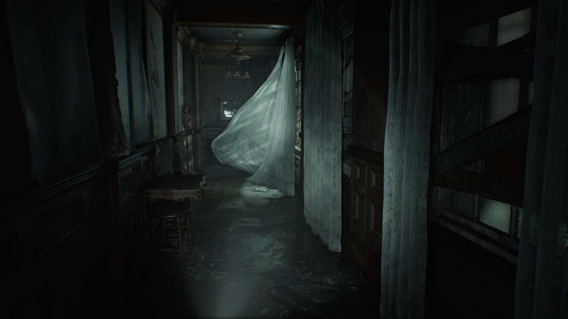 A screenshot of a corridor in Resident Evil Requiem.