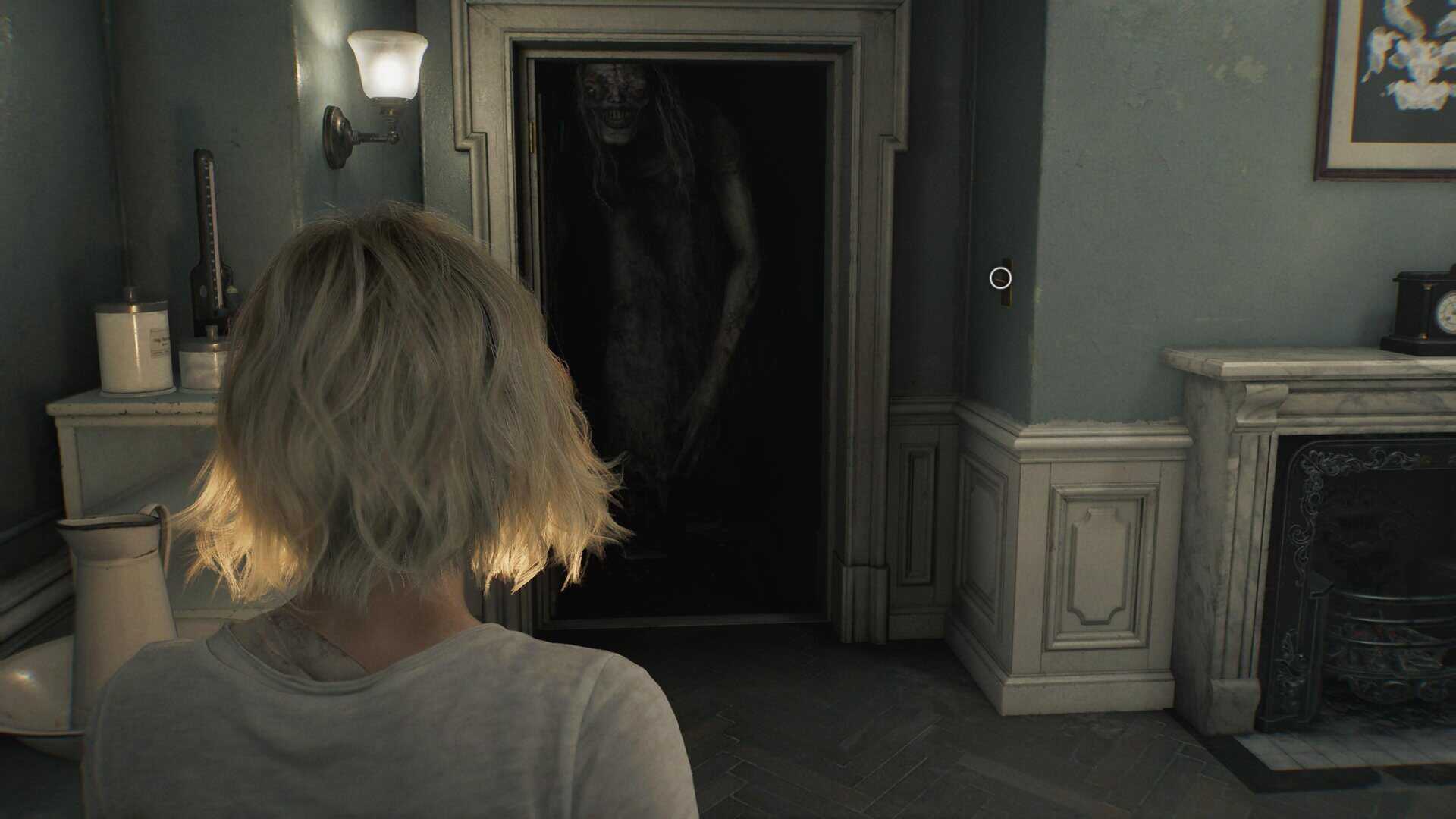 A screenshot of Grace facing off against The Girl in Resident Evil Requiem.