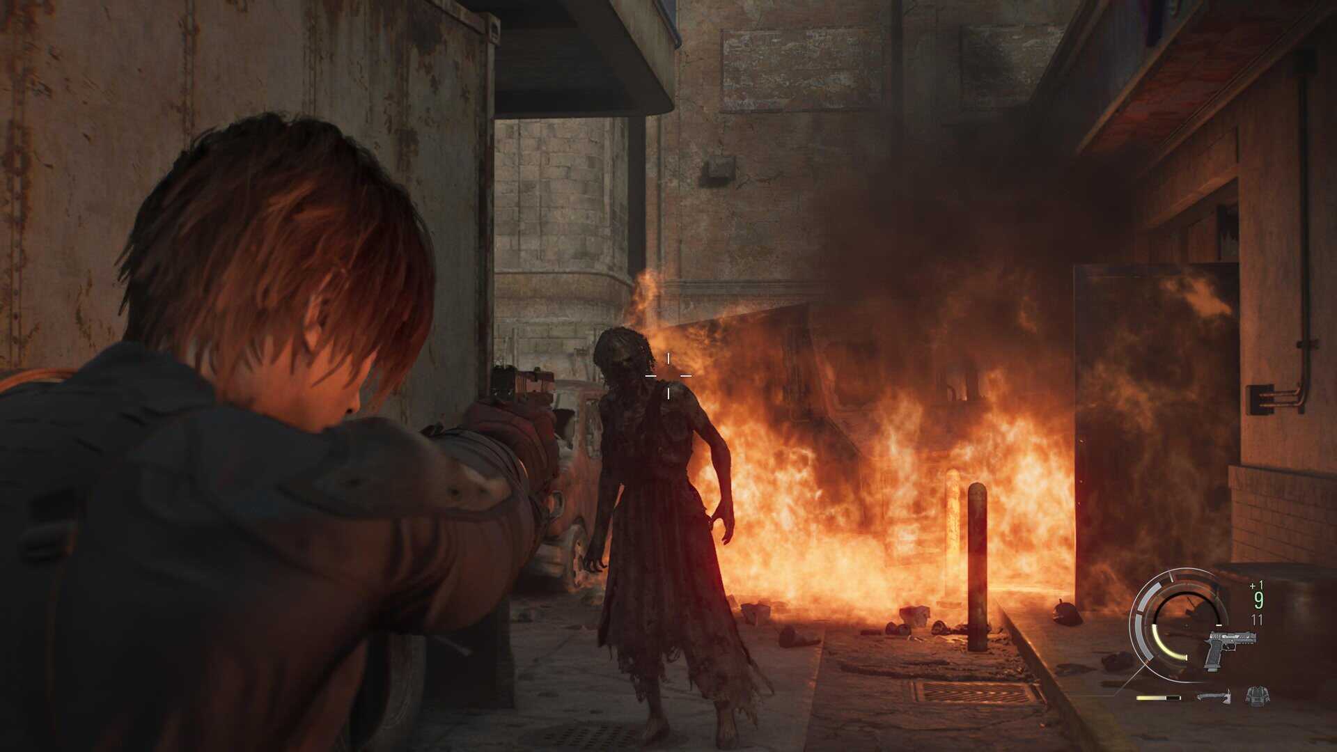 A screenshot of Leon shooting a zombie in Resident Evil Requiem.