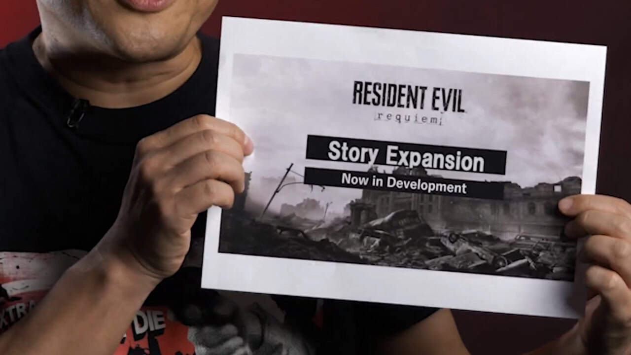 A screenshot of the announcement video for a Resident Evil Requiem story expansion