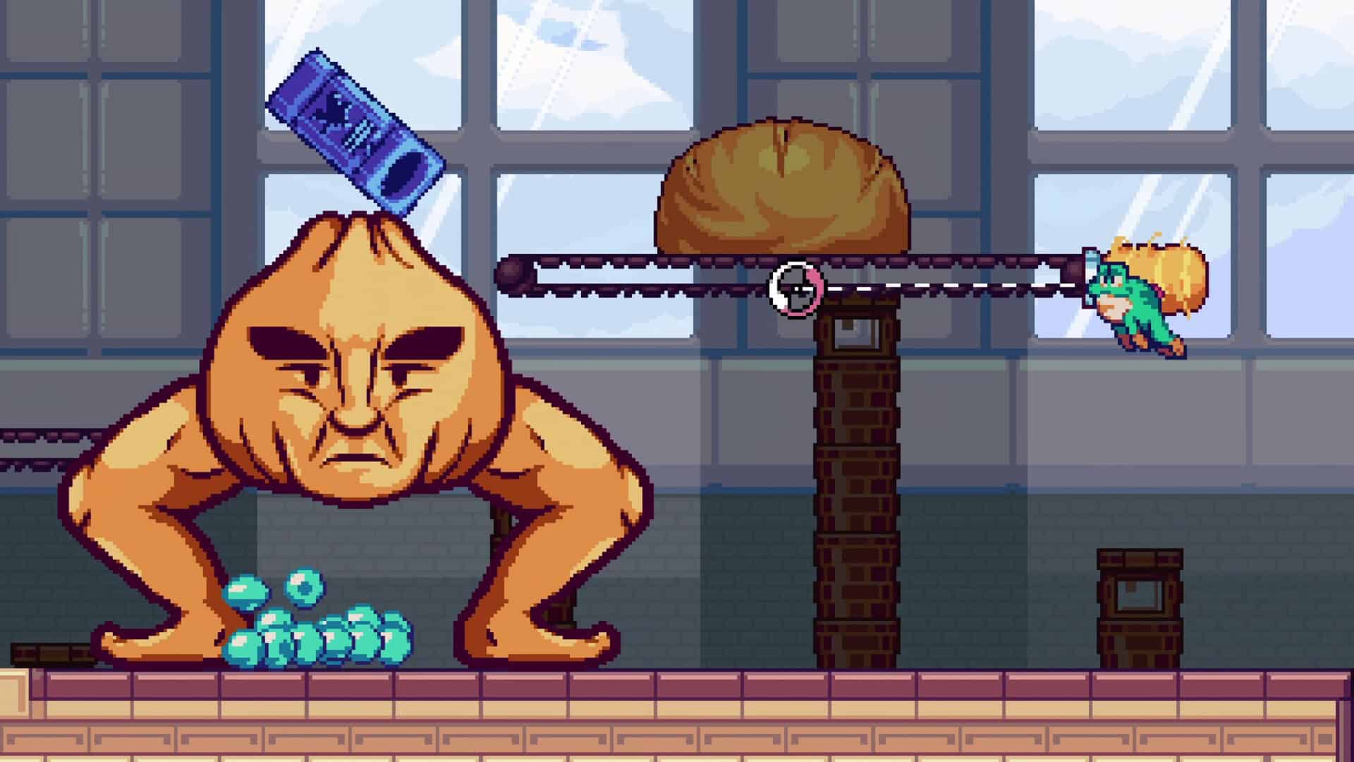 A giant onion man with legs attacks the player who is a frog.