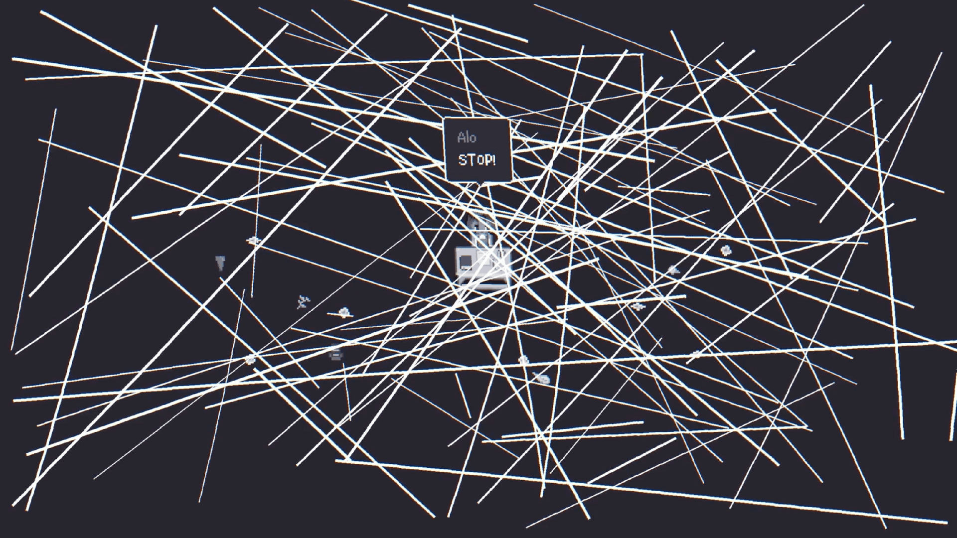 A mess of white lines, with the character Alo screaming "STOP!" hidden underneath