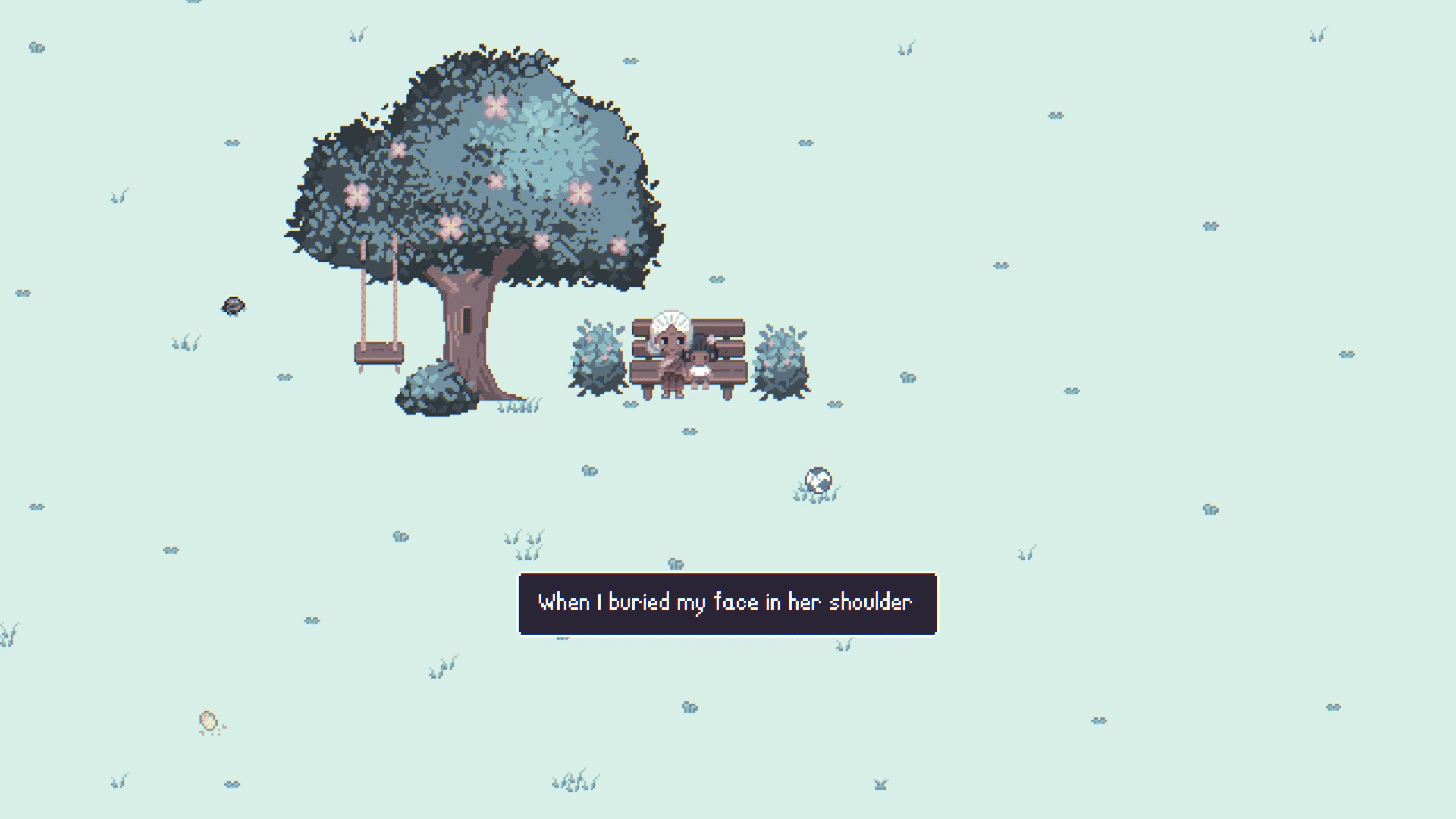 A flashback scene were a young child is sitting next to their grandma in an empty space bar a bench, a football, and a tree with a swing on it