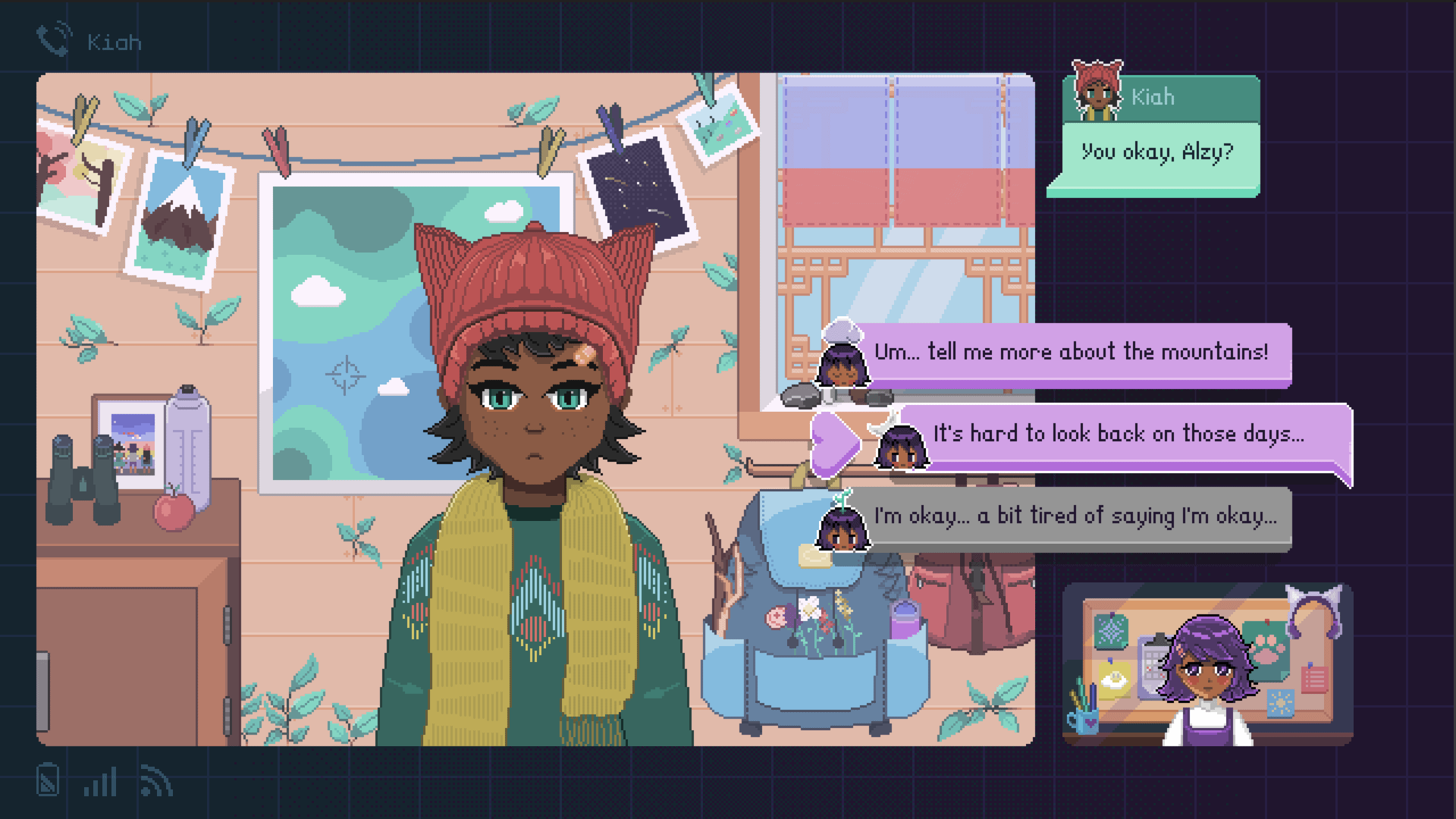 A screenshot depicting a conversation between two characters, one asking if Alzy is okay