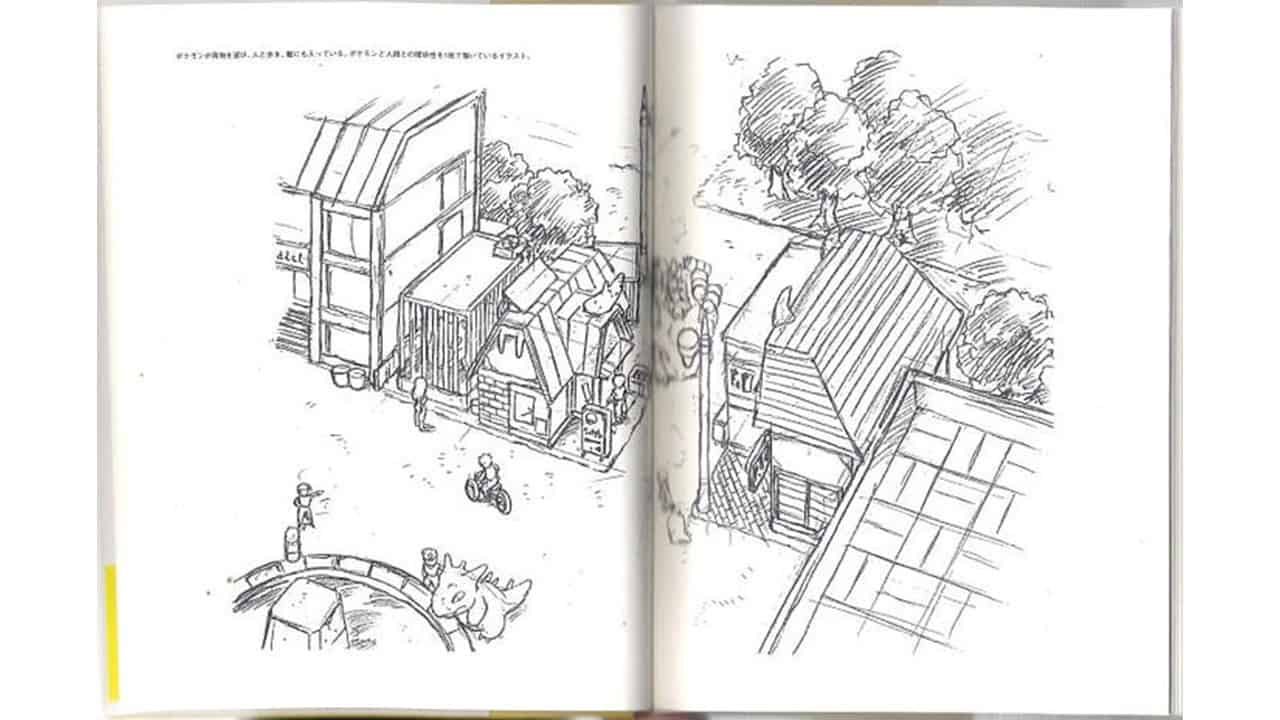 A sketch in a notebook of a pokemon town.