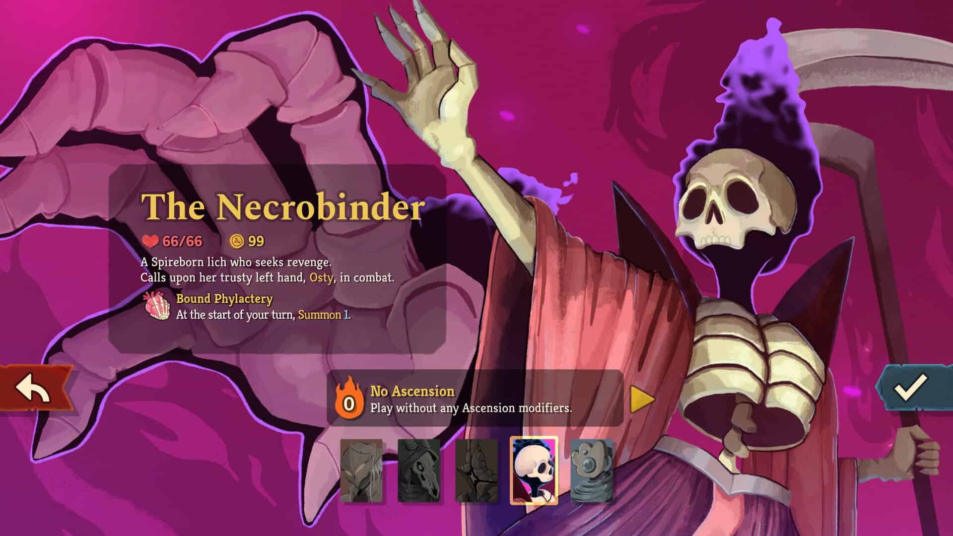 Slay the Spire 2 The Necrobinder, raising his skeleton arm and holding a scythe