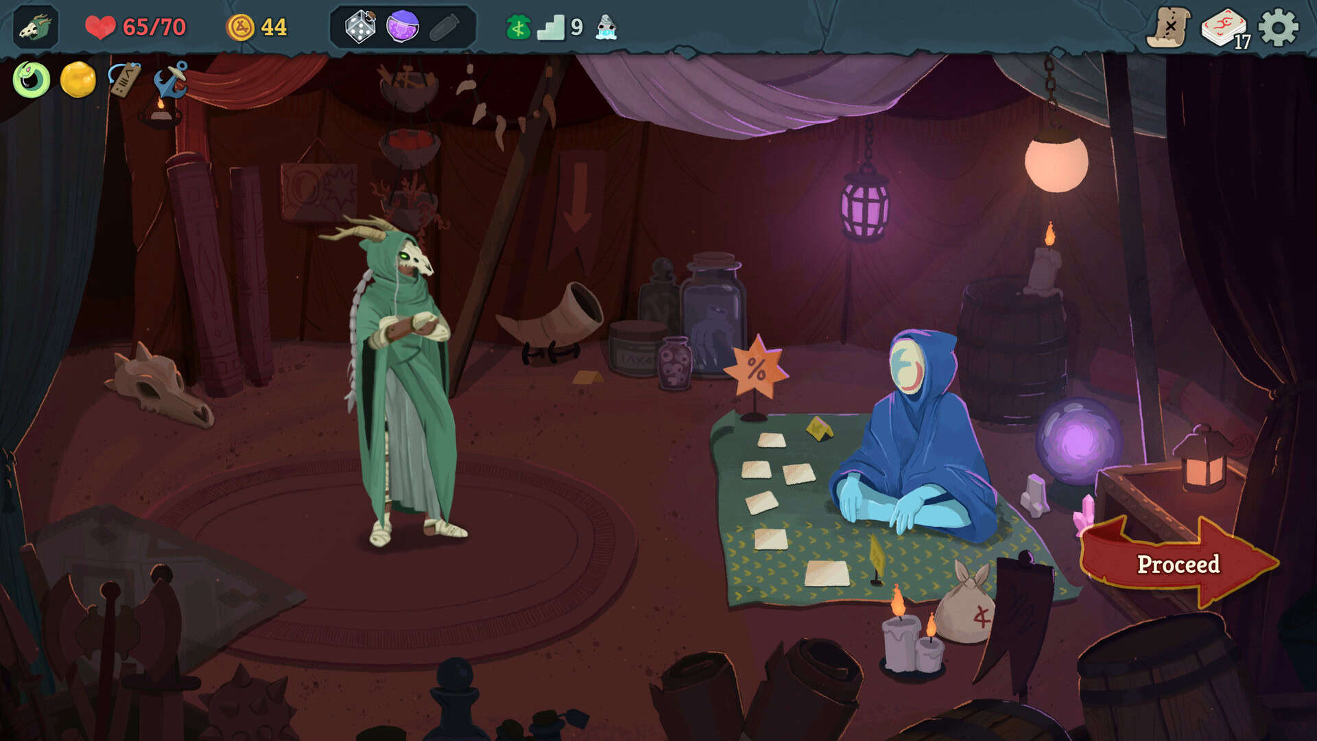 Slay the Spire 2 shop screenshot showing the character interacting with a merchant sat on the ground