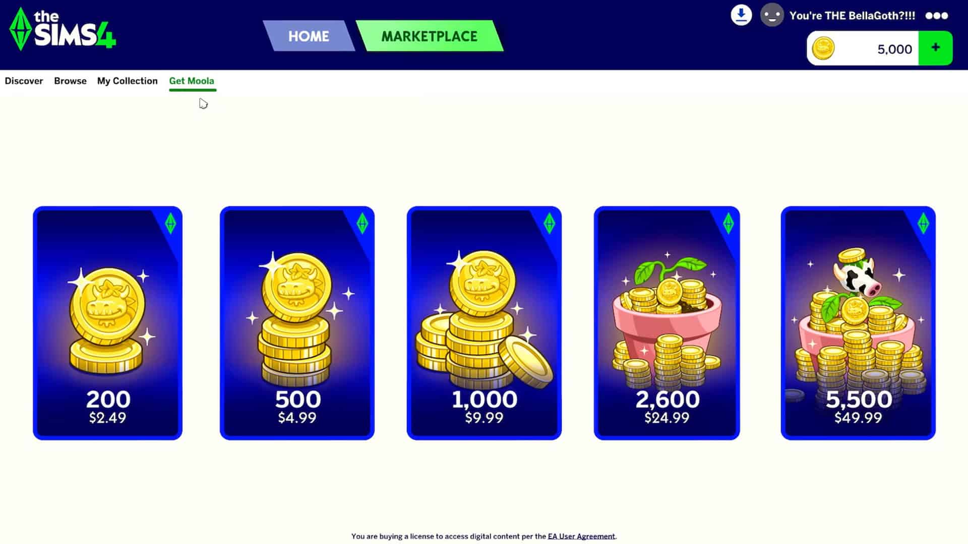 The Sims 4 Marketplace Moola bundles showing pricing for different package amounts