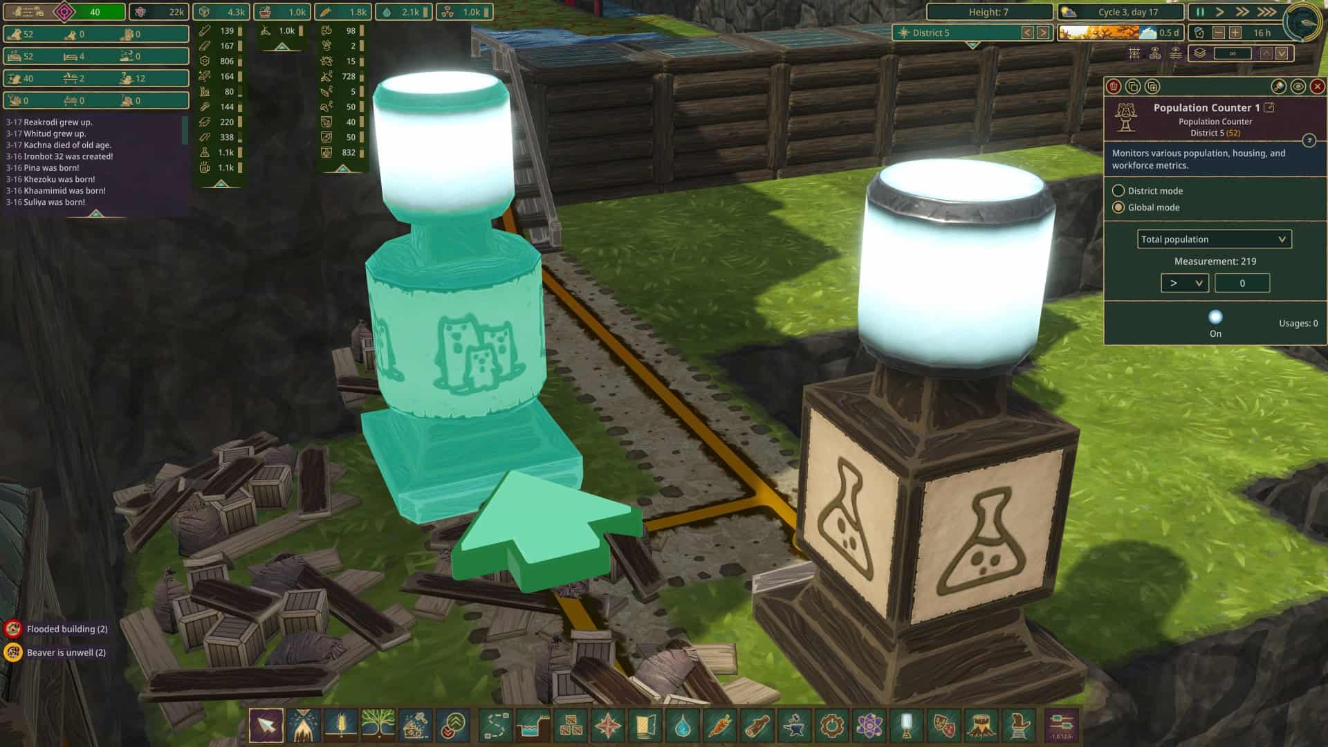 A population counter and a resource counter tool, both are on and lit as a result.