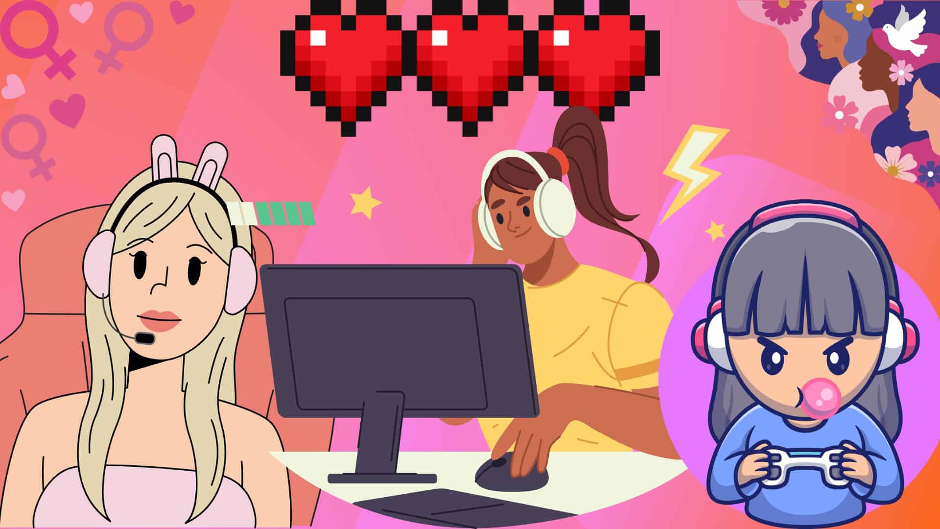 Art presenting three women playing video games
