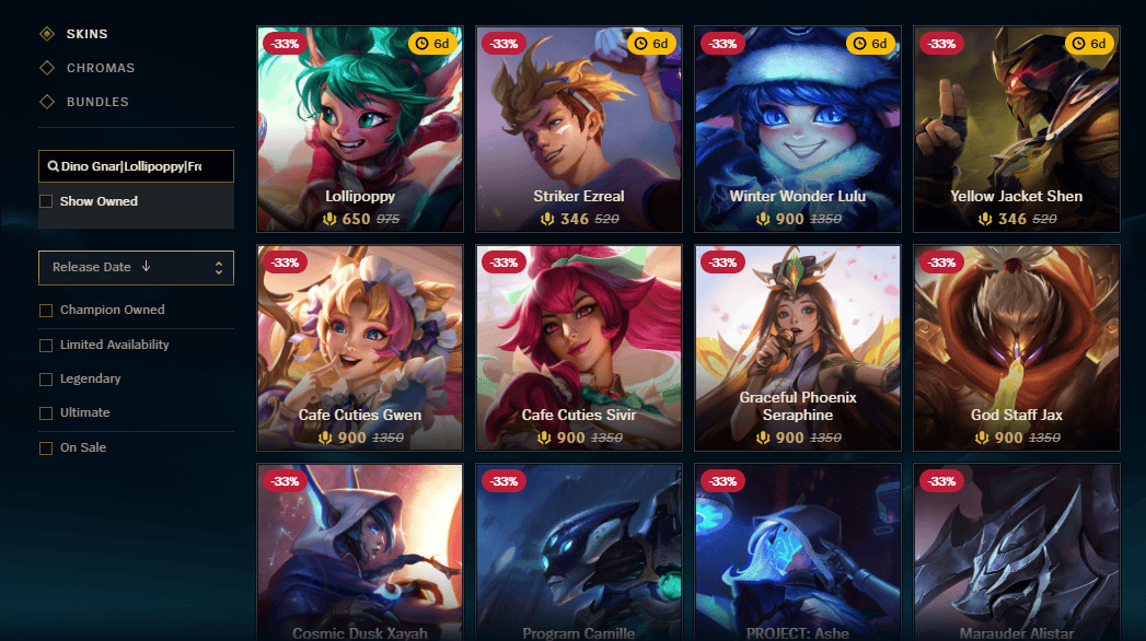 Many different champion skins and prices from the League of Legends client.