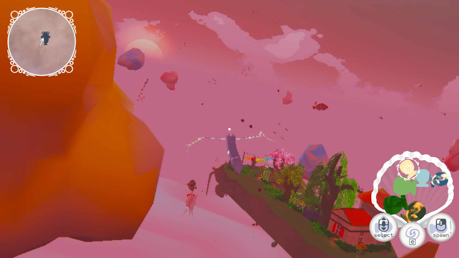 A pixelated creature looks at a distant island against a pink sky.