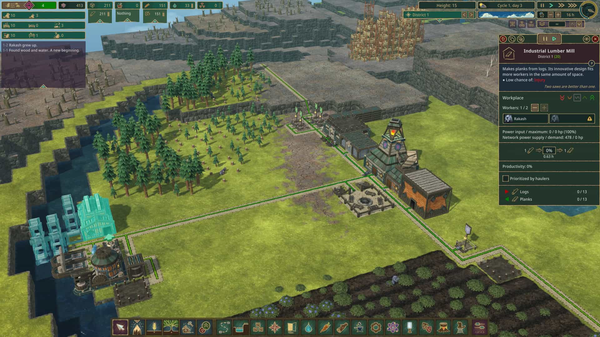 An early beaver colony with water pumps, lumberjacks, berry harvesters, and the start of industry