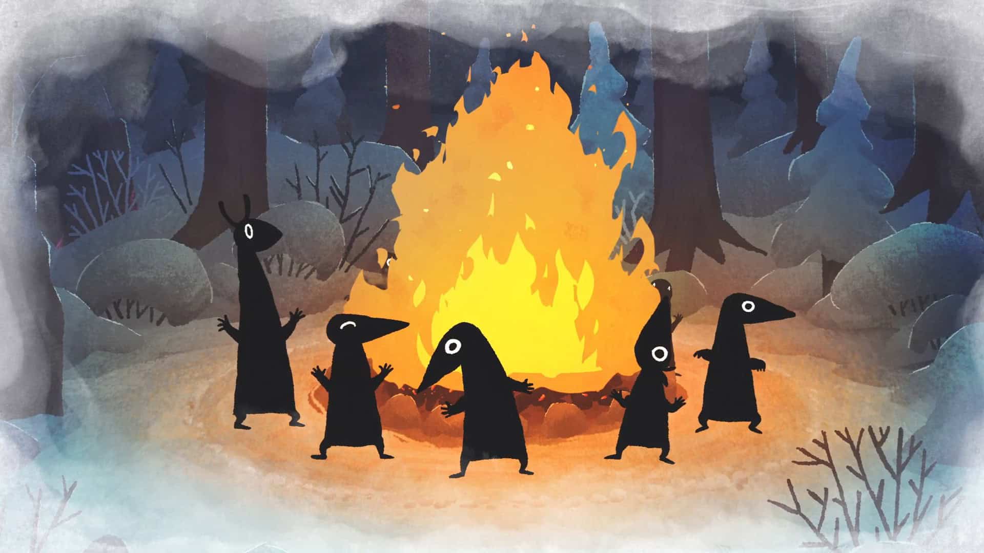 A giant bonfire, dark creatures with long pointy noses dancing around it