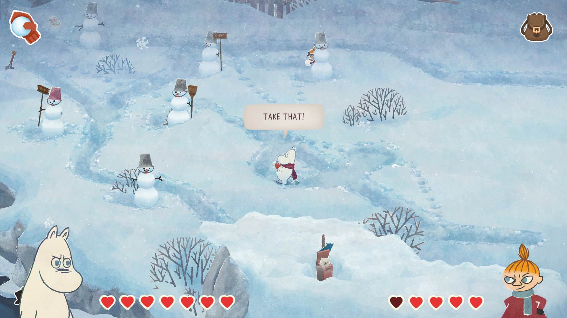 Moomintroll saying "Take that!" after hitting Little My with a snowball.