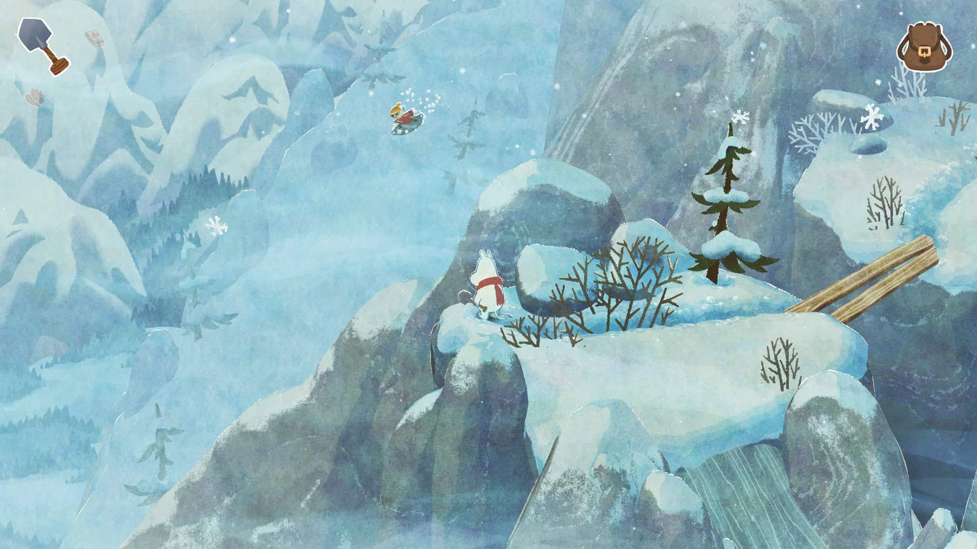 Little My riding down a snowy mountainside on a tray as if it was a skateboard