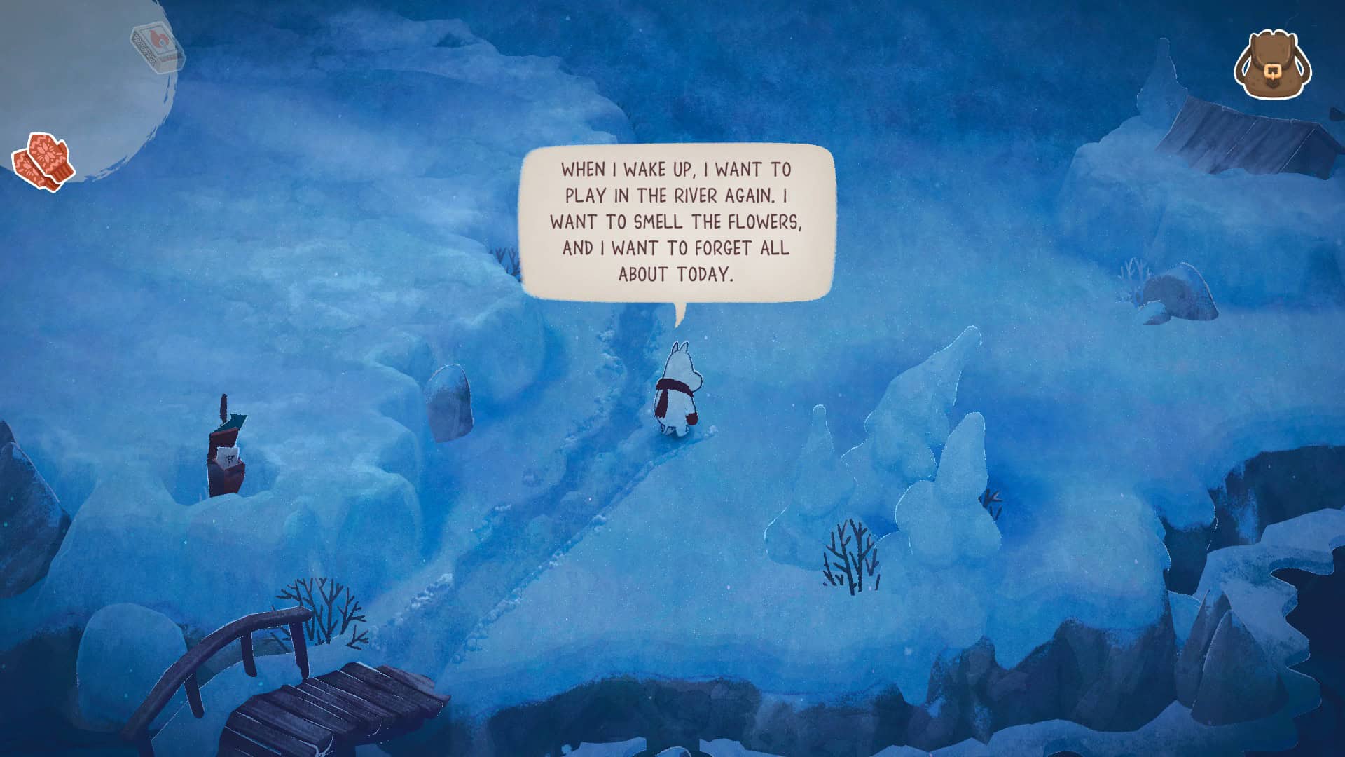 Moomintroll saying he hopes to wake up and be done with winter and forget about what happened