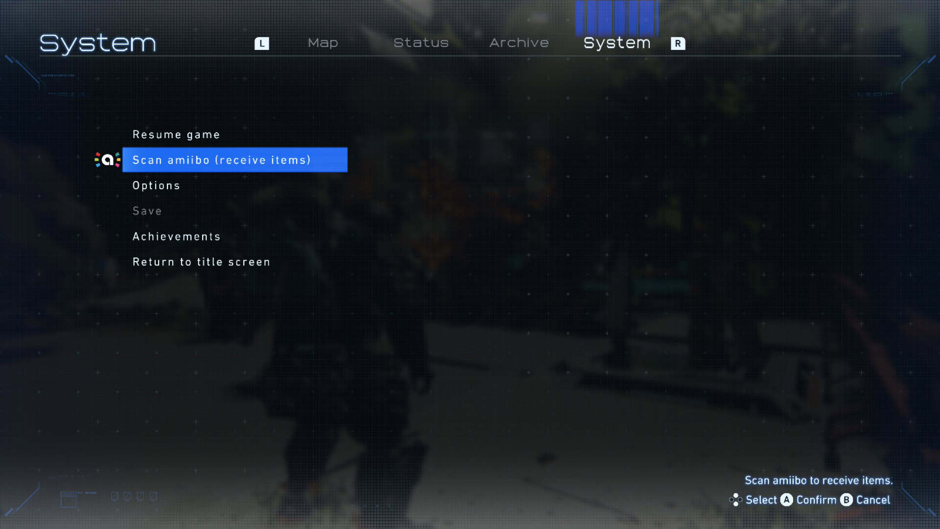 The System Screen, showing the Scan Amiibo Option lit and selected