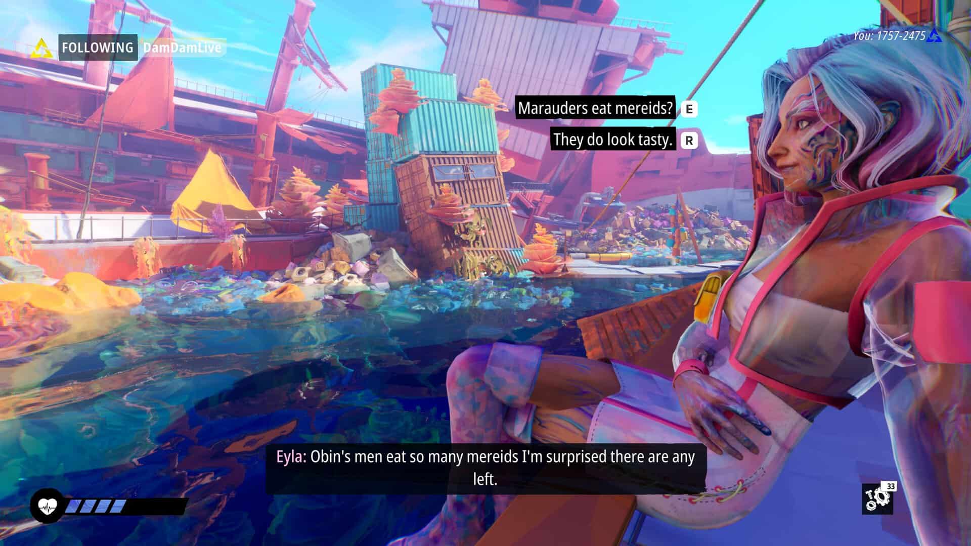 A woman sits on a garbage barge looking at her pet sea monster.