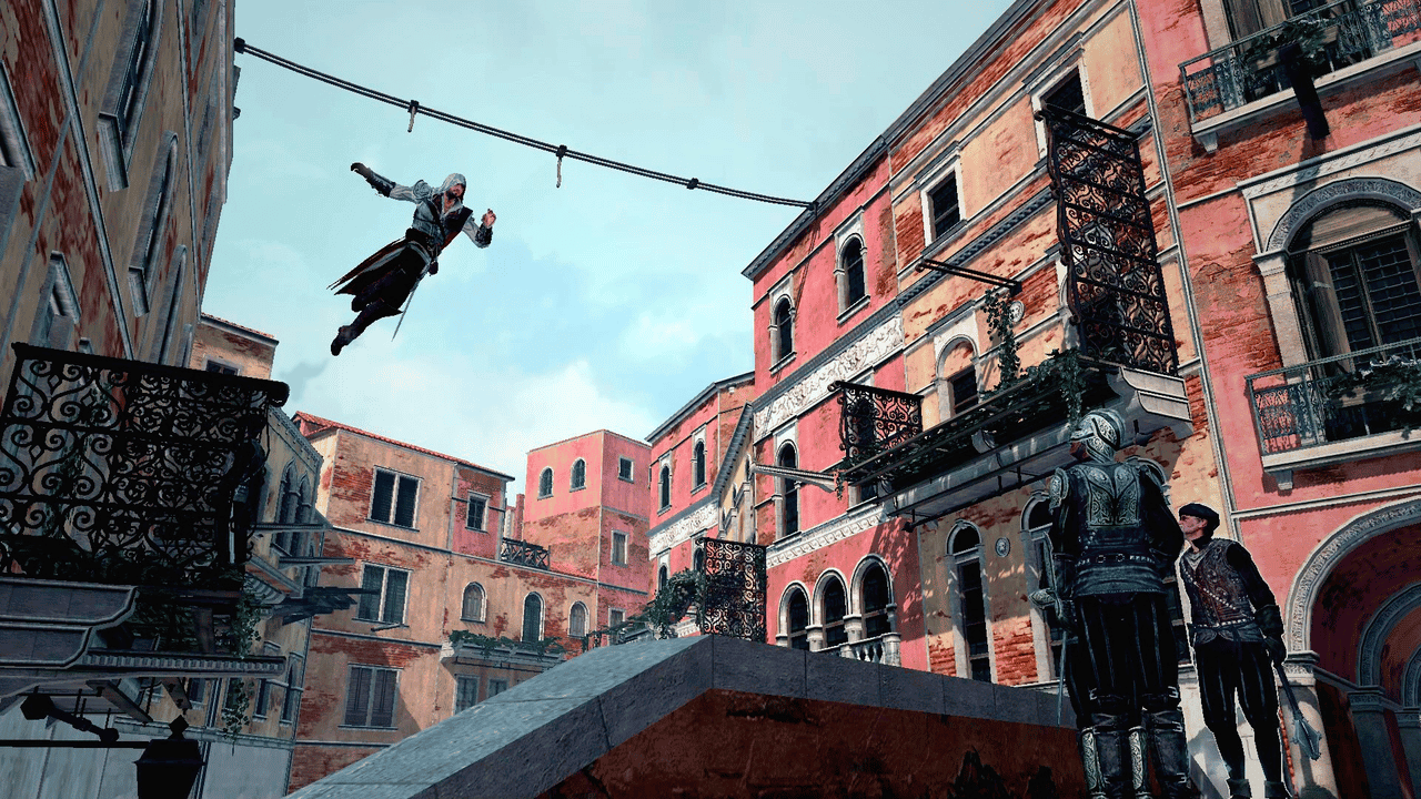Ezio Auditore jumping onto two enemies