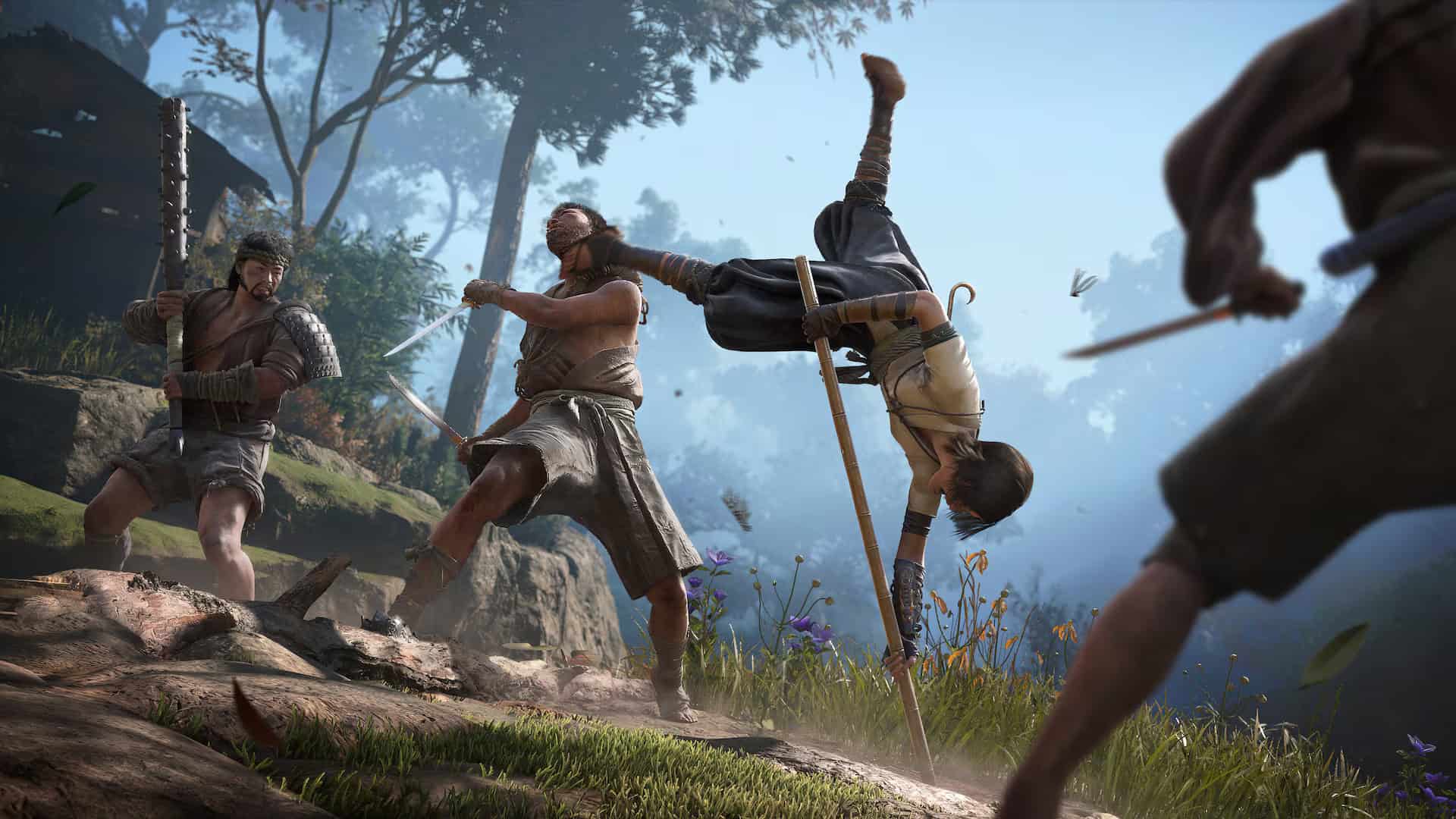 Assassin's Creed Shadows press screenshot from the Claws of Awaji expansion showing a Naoe in staff combat