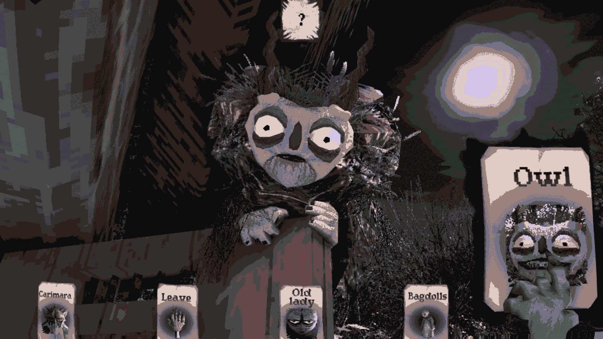 A strange creature and some cards on the screen