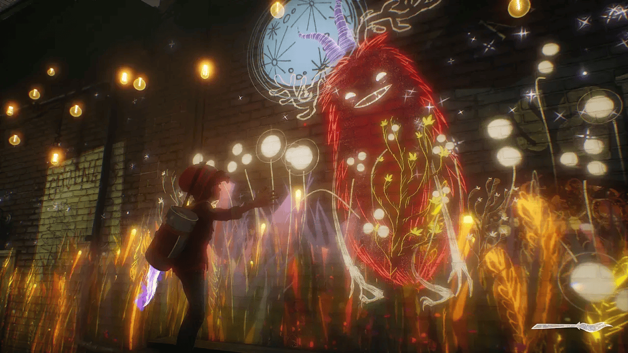 Screenshot from Concrete Genie showing Ash and one of his art pieces that has come to life