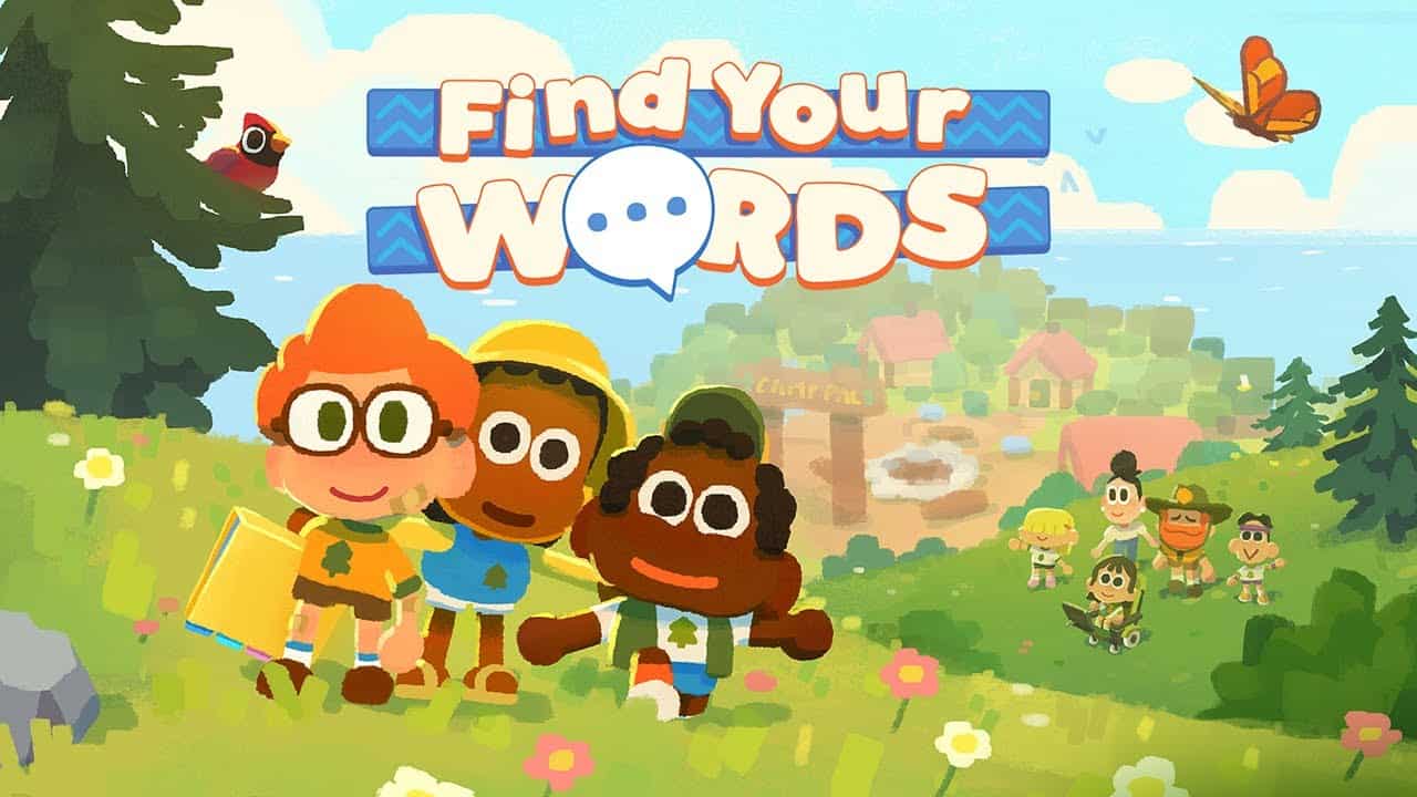 Characters standing on hills with the camp behind them and the logo of Find Your Words above them