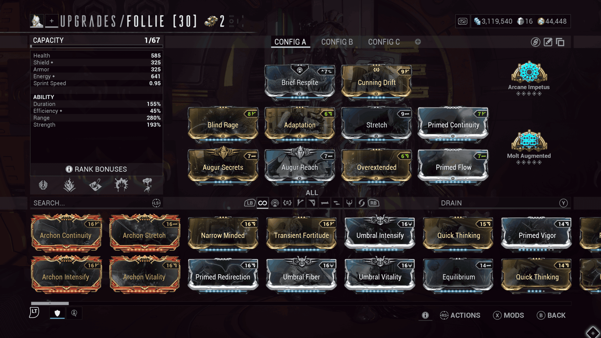 A screenshot of Follie's mod screen in Warframe.