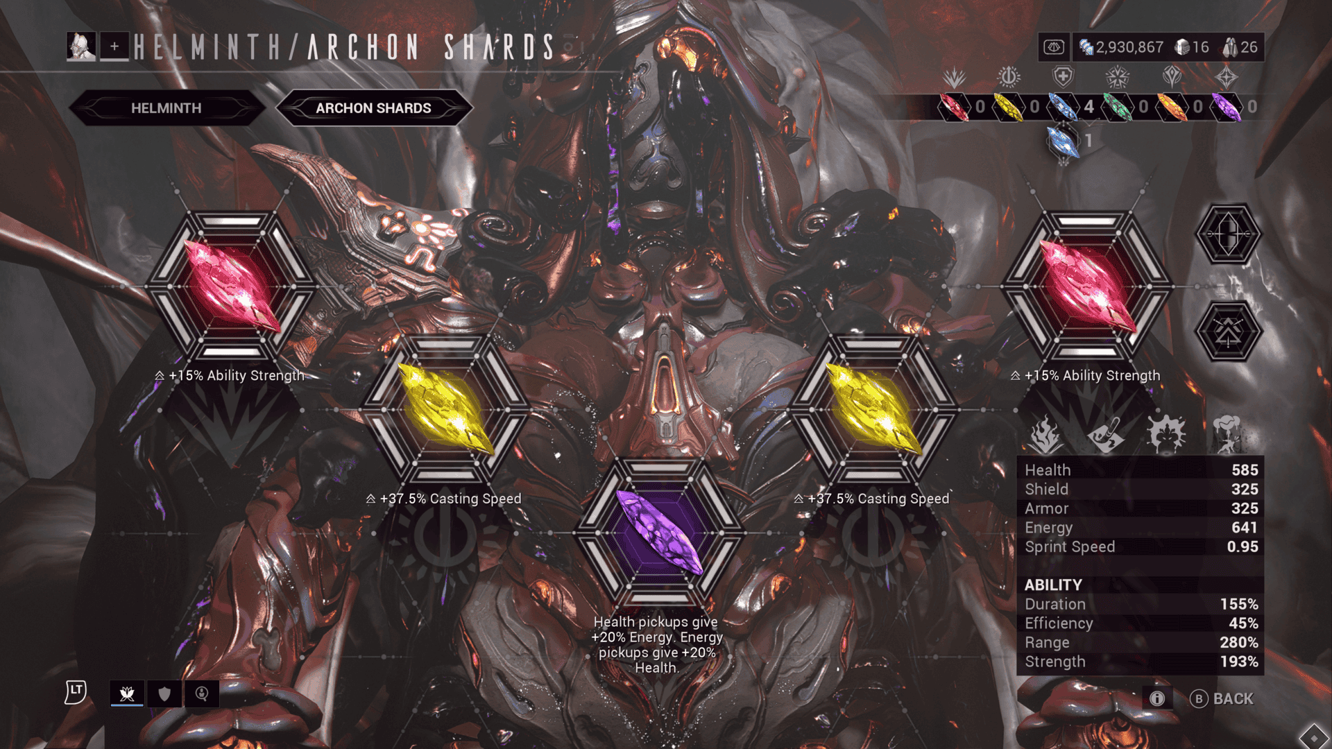 A screenshot of Follie's archon shard assortment in Warframe.
